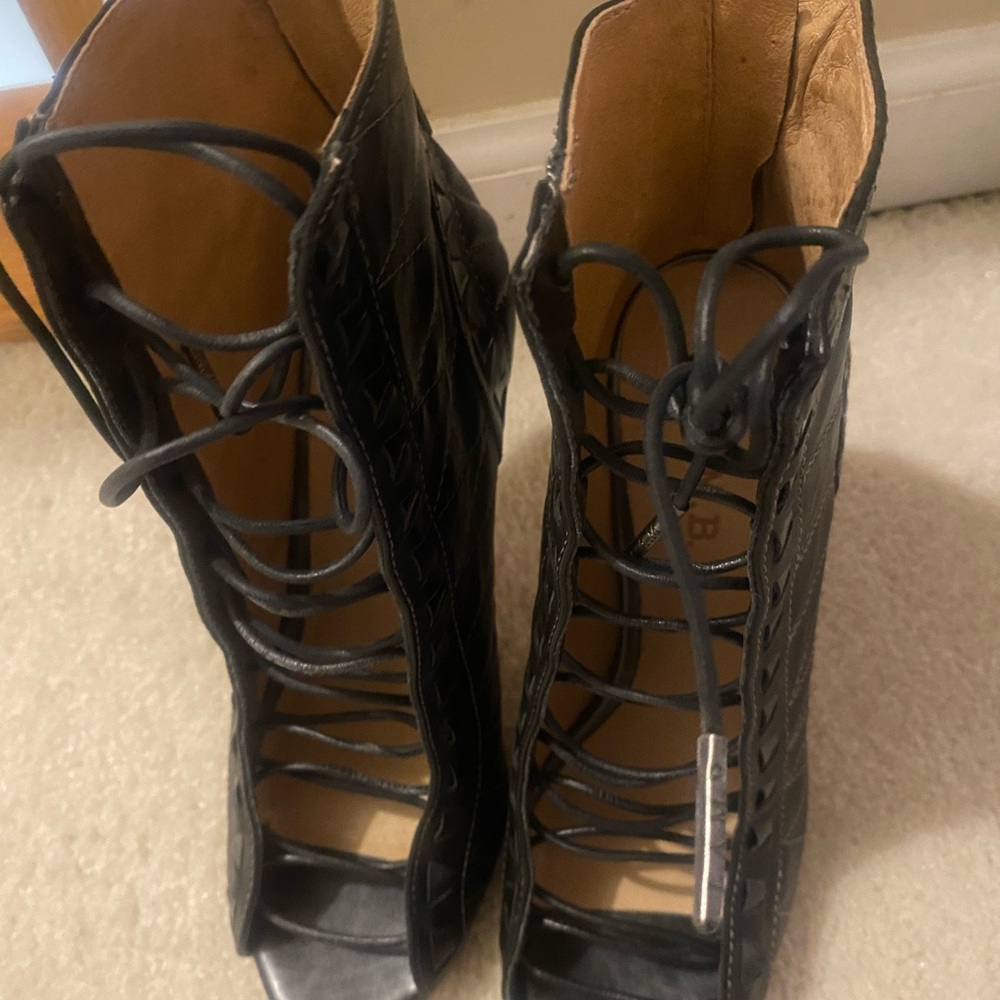 L.A.M.B. Black Open-Toe Lace-Up Boots